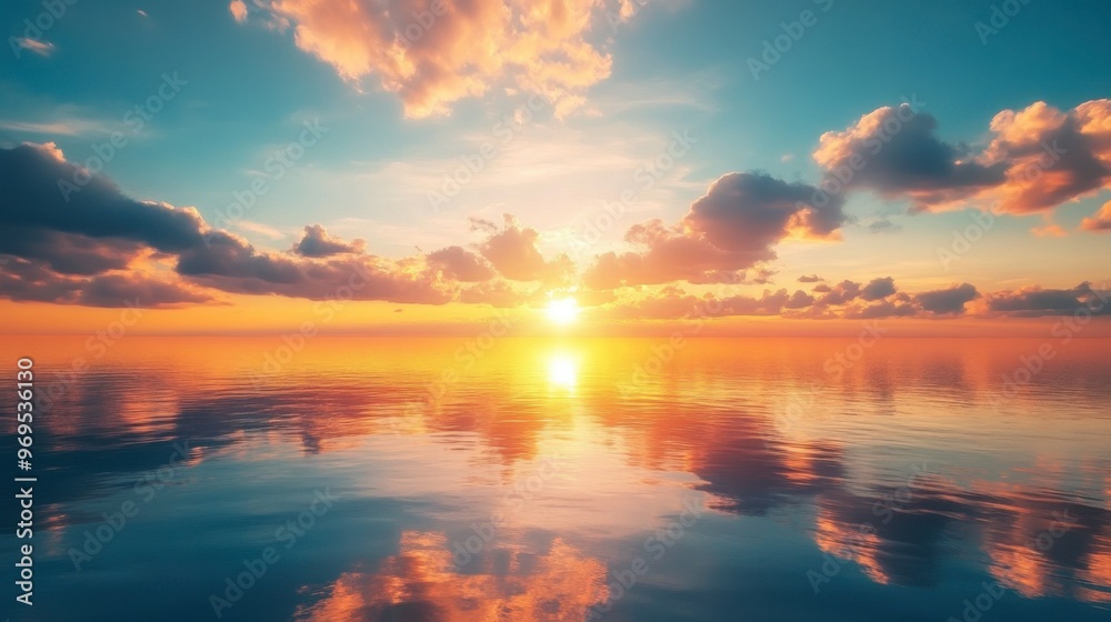 A vibrant, cloud-filled sky reflecting the golden hues of a setting sun over a calm body of water. A vibrant, cloud-filled sky reflecting the golden hues of a setting sun over a calm body of water.