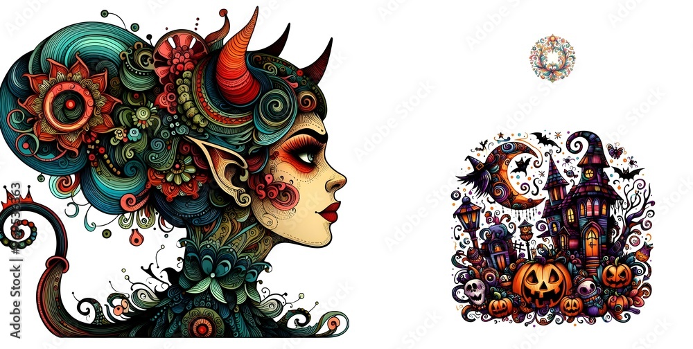 Graphic colorful rococo illustration of Halloween devil lady 7940 by 4000 pixels horizontal poster design Graphic colorful rococo illustration of Halloween devil lady 7940 by 4000 pixels horizontal poster design