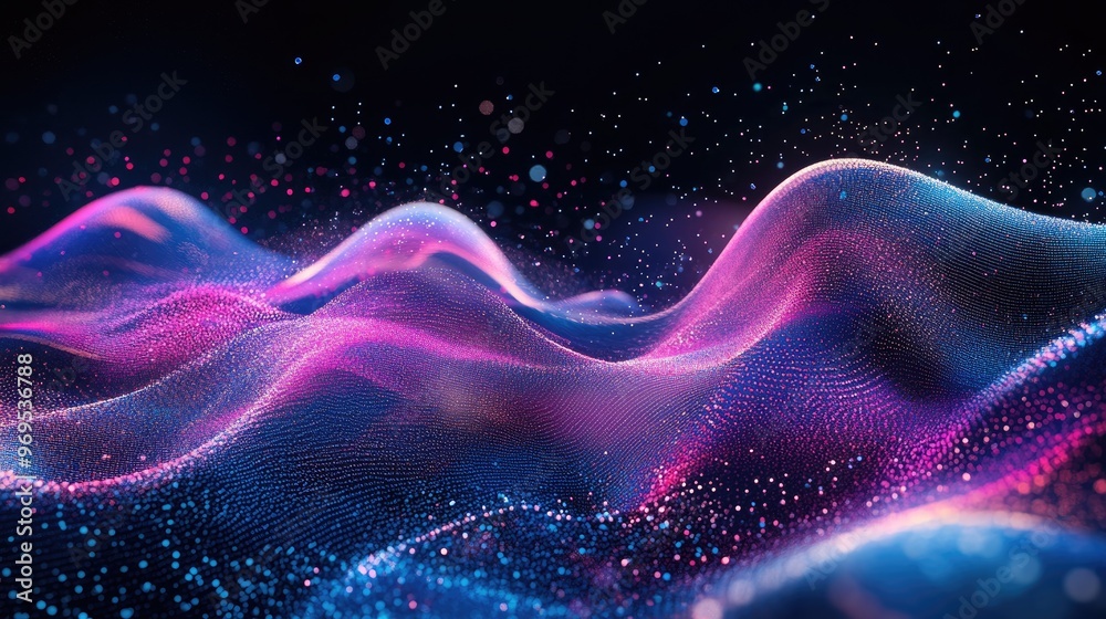 Abstract waves of light and color create a dynamic, digital landscape. Abstract waves of light and color create a dynamic, digital landscape.