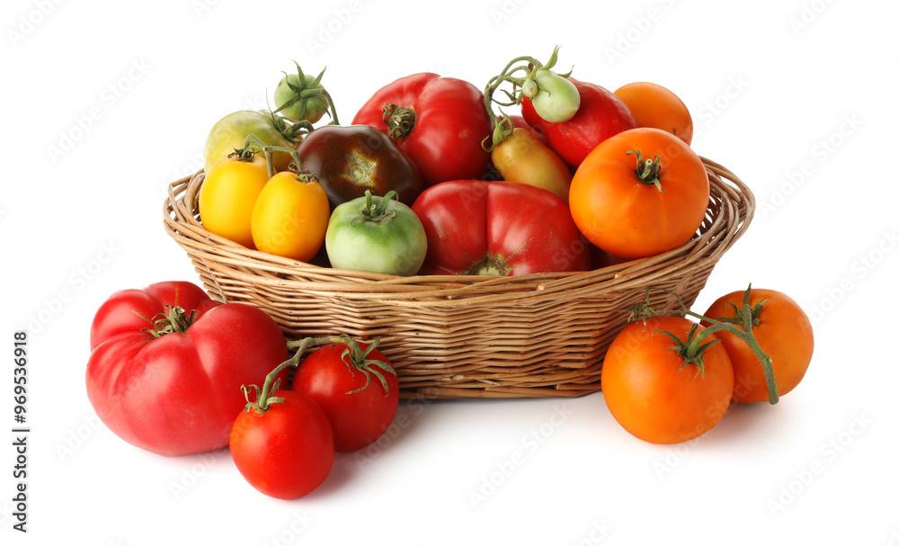 Different ripe tomatoes in basket isolated on white Different ripe tomatoes in basket isolated on white