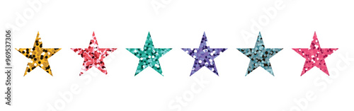 Set of glitter colorful five-pointed stars. Collection of vector illustrations isolated on white background. Gold, silver, red, purple, green, shiny stickers, clip art, festive decoration.