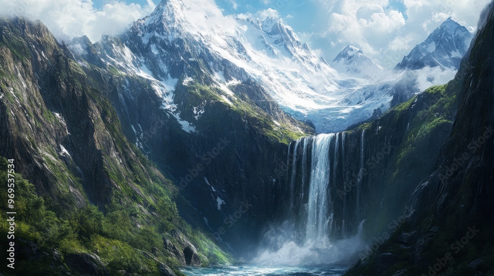 Fototapeta premium A waterfall in a remote mountain valley, with towering peaks and snow-capped mountains in the background.