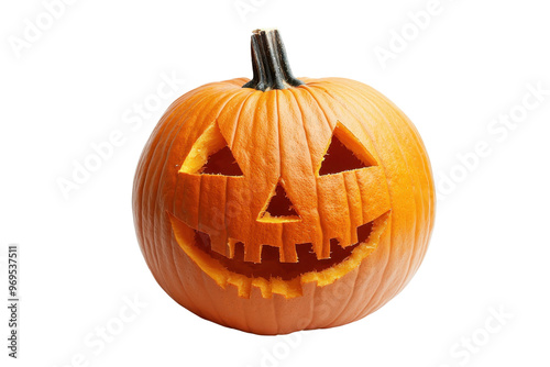 A carved pumpkin with a lit, smiling face perfect for Halloween decoration. Bright orange with triangular eyes and a toothy grin against a transparent background.