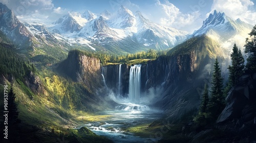 A waterfall in a remote mountain valley, with towering peaks and snow-capped mountains in the background.