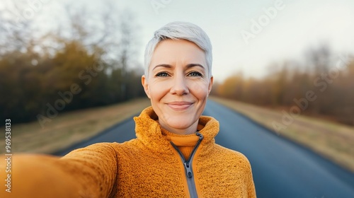 Mature woman snapping a selfie during a brisk morning walk, feeling fresh and active