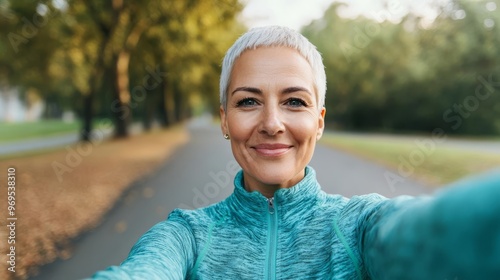 Mature woman snapping a selfie during a brisk morning walk, feeling fresh and active