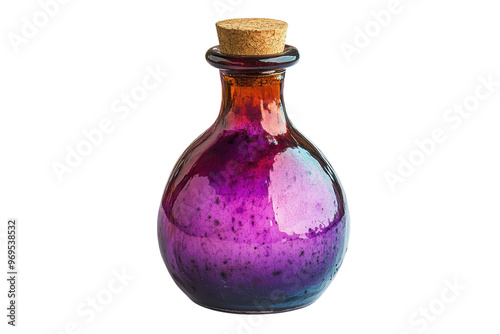 A small, round glass bottle with a cork stopper filled with a vibrant purple liquid, isolated on a transparent background.