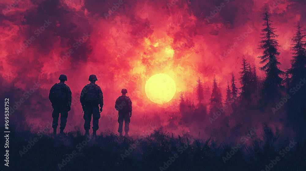 Fototapeta premium Silhouettes of soldiers stand against a fiery sunset.