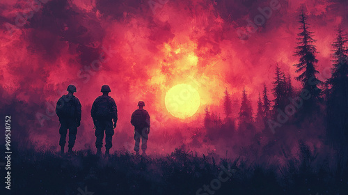 Silhouettes of soldiers stand against a fiery sunset.