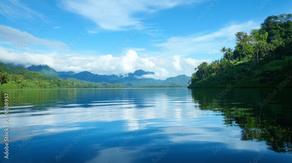 A wide lagoon with distant mountains, where calm waters meet a vibrant tropical forest at the edge. A wide lagoon with distant mountains, where calm waters meet a vibrant tropical forest at the edge.