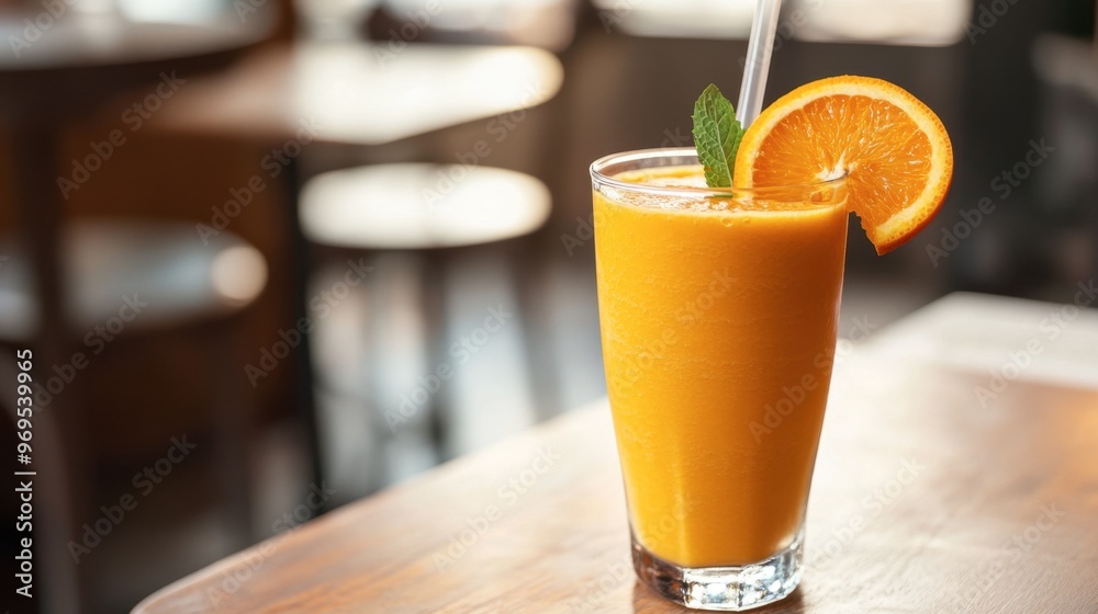 An orange smoothie in a clear glass with a straw, garnished with a slice of orange and mint, set on a bright table. An orange smoothie in a clear glass with a straw, garnished with a slice of orange and mint, set on a bright table.