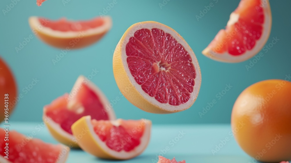 Fresh Pink Grapefruit Slices on Blue Background Fresh Pink Grapefruit Slices on Blue Background