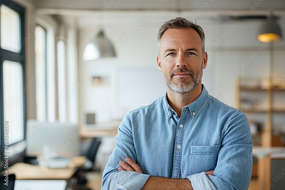 Confident businessman stands in office. Perfect for articles about leadership, success, or business. Confident businessman stands in office. Perfect for articles about leadership, success, or business.