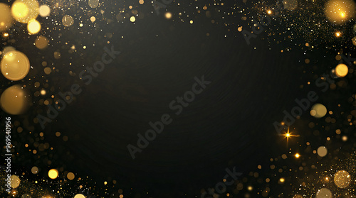 Scattered gold particles on black background. Holiday background frame. Generative AI