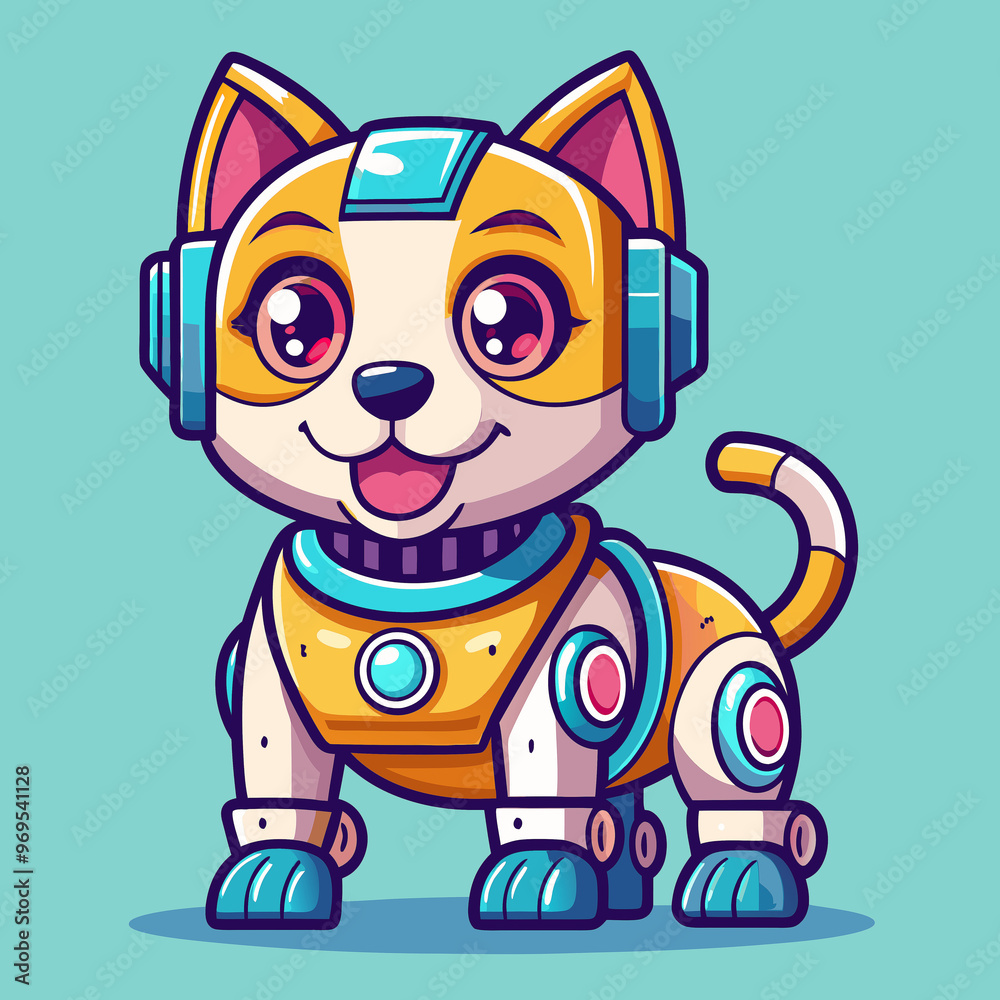 Obraz premium Cute robot cartoon icon character, line stoke isolated, graphic design sign