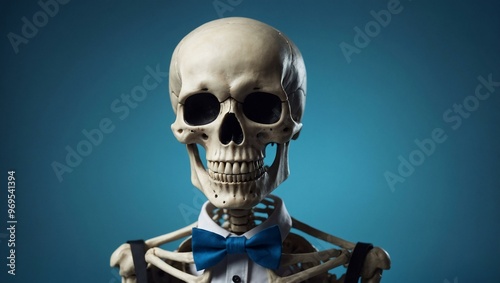 A 3D skeleton with a bow tie smiles on a blue background, adding playful charm.