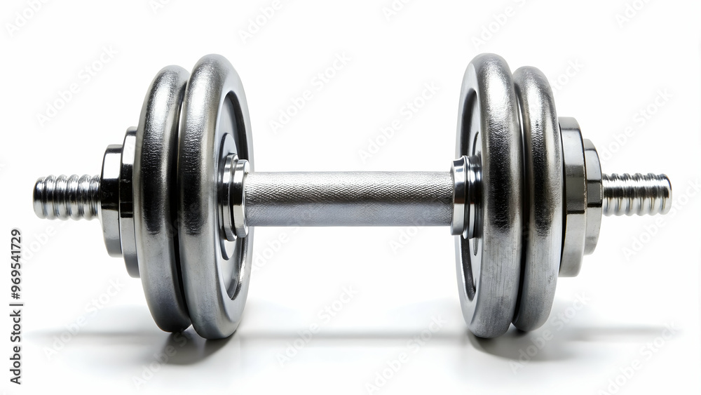 Naklejka premium Workout tool: Durable chrome dumbbell. Fitness accessory: Heavy-duty dumbbell.