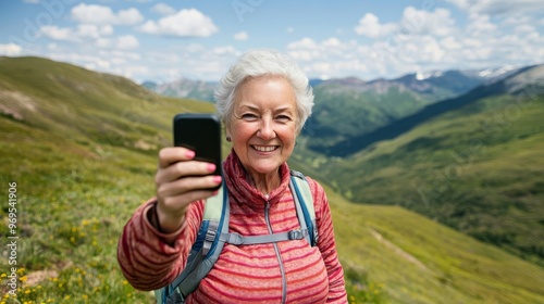 Senior woman snapping a selfie while on a hike