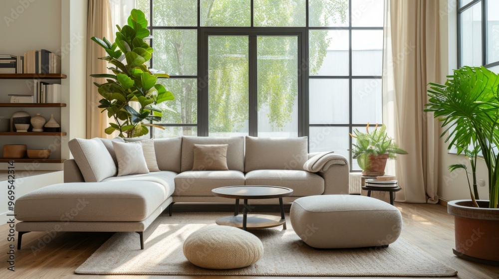 Fototapeta premium Modern Living Room Interior Design with Sectional Sofa and Natural Light