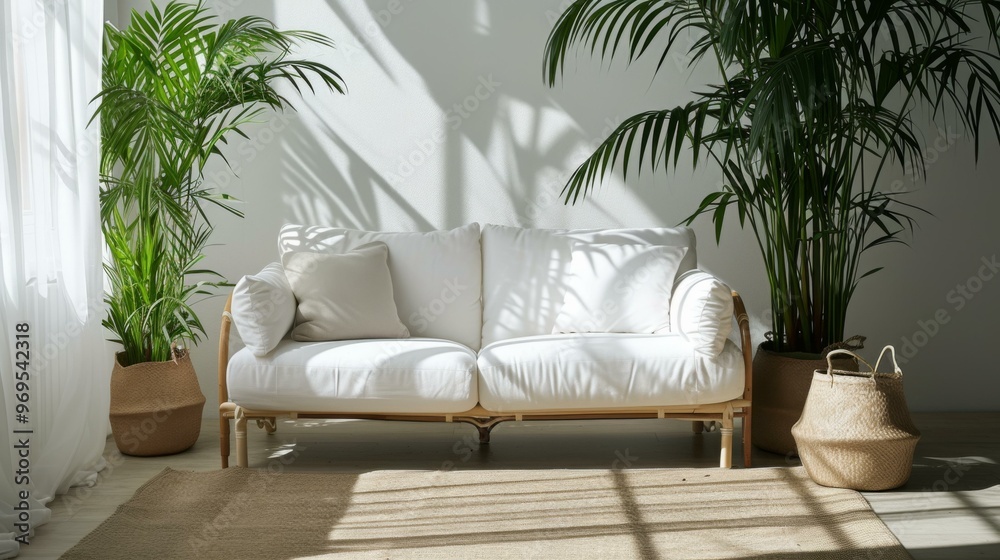 Fototapeta premium Minimalist Living Room with White Sofa and Palm Trees