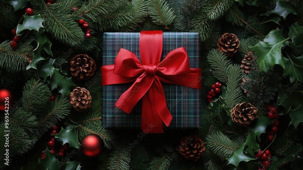 A Christmas present wrapped in plaid paper with a large red bow, surrounded by festive greenery and pinecones A Christmas present wrapped in plaid paper with a large red bow, surrounded by festive greenery and pinecones