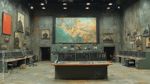 A large, empty control room with a map on the wall and computer screens.