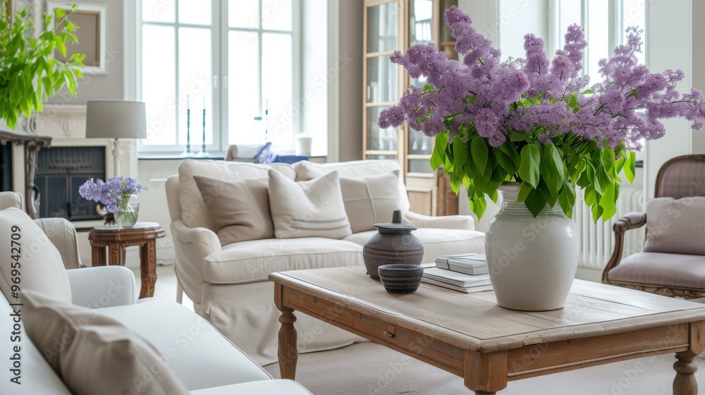 Fototapeta premium Elegant Living Room Interior with Lilac Flowers and White Sofa