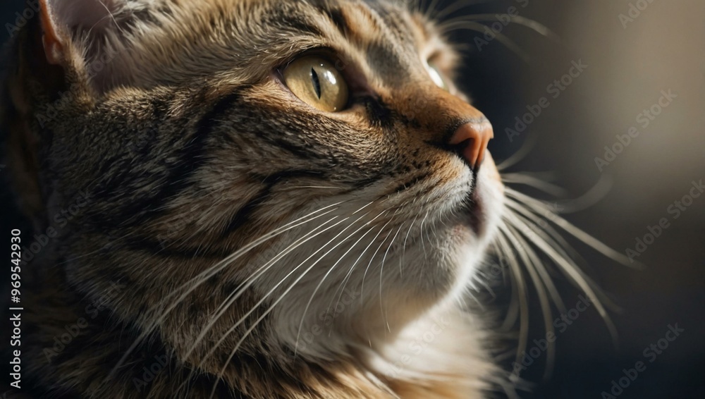 A curious cat looking off into the distance, up-close details of its fur A curious cat looking off into the distance, up-close details of its fur