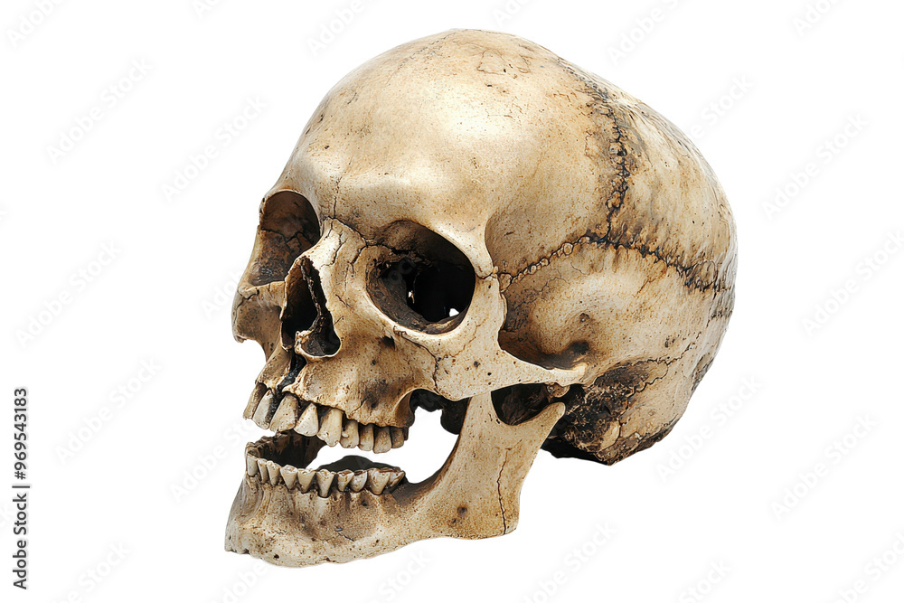 Naklejka premium Close-up of a human skull on a transparent background. showcasing detailed bone structure. Ideal for medical, educational, and artistic purposes.