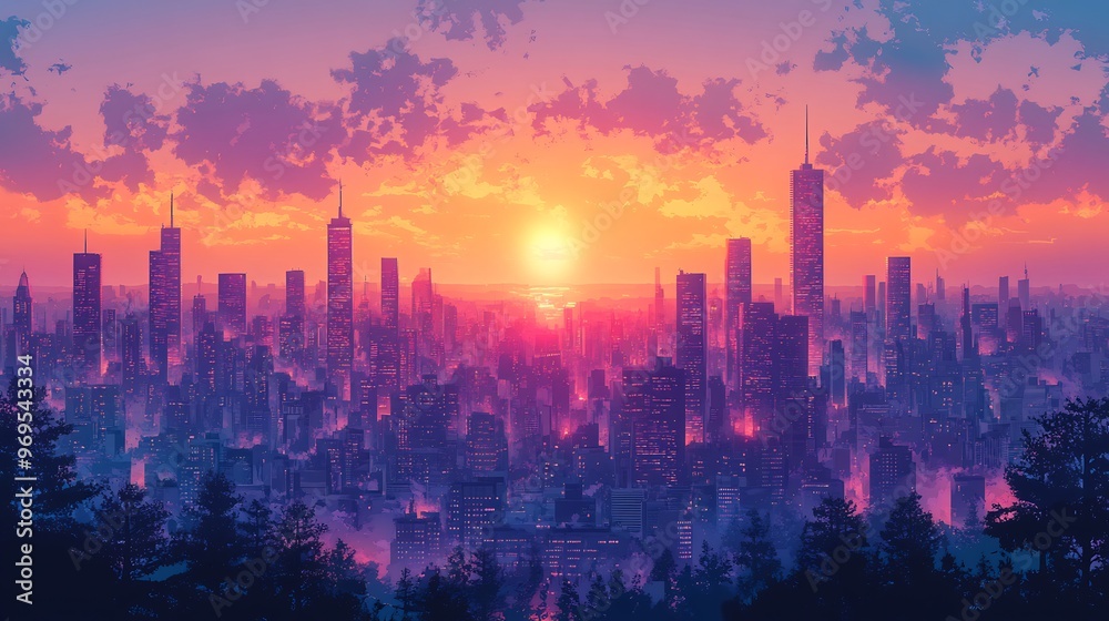 Fototapeta premium Vector design of a stylized cityscape at sunset with sharp angular buildings silhouetted against a glowing sky creating a dynamic and modern urban scene