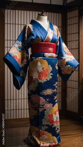 A detailed Japanese kimono displayed on a wooden mannequin, highlighting tradition.