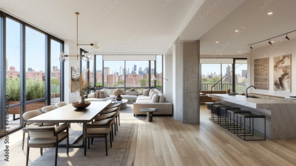 Fototapeta premium Modern Luxury Apartment with City Views and Open Plan Design