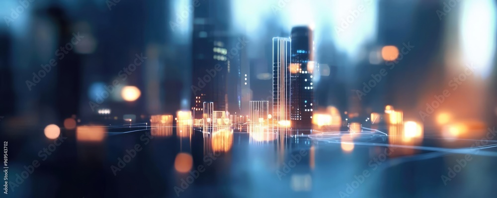 Naklejka premium A vibrant city skyline illuminated at night, showcasing modern architecture and colorful lights reflecting on water.