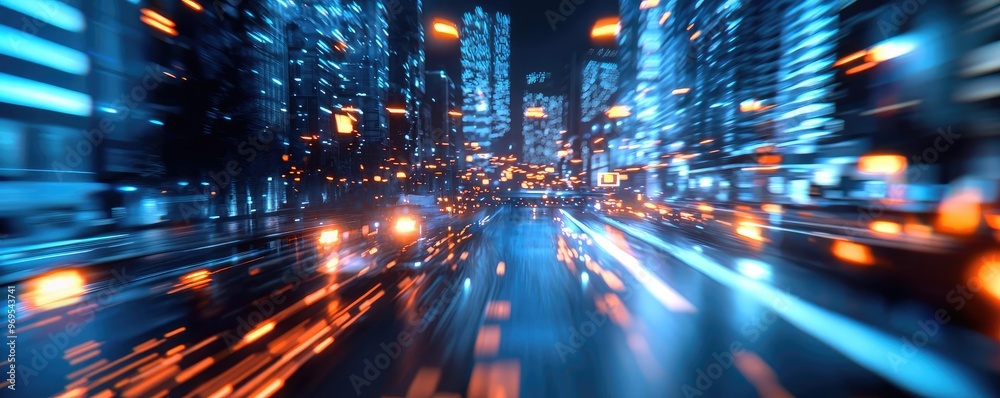 Obraz premium Dynamic cityscape at night showcasing vibrant lights and fast-moving traffic, capturing the energy of urban life.