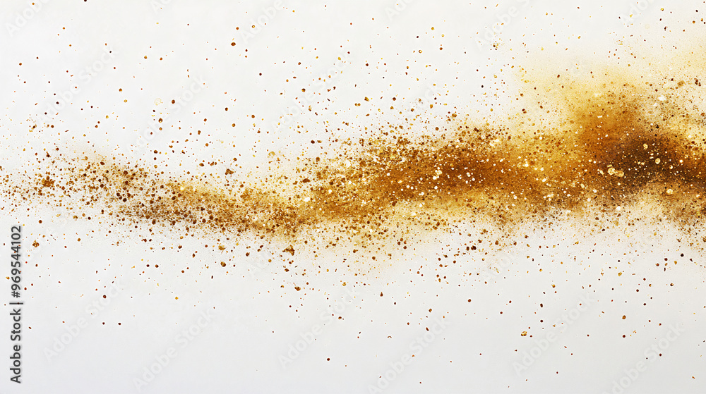 Scattered golden particles on white background in wave shape. Holiday background. Generative AI Scattered golden particles on white background in wave shape. Holiday background. Generative AI