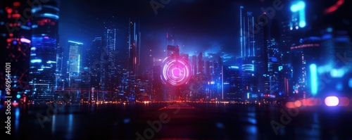 Futuristic cityscape featuring vibrant neon lights and glowing structures, creating a mesmerizing cyberpunk atmosphere.