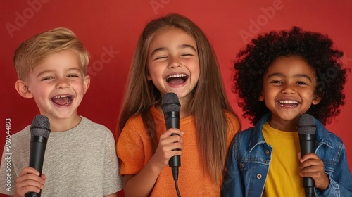 Three kids singing into microphones with headphones on, laughing.