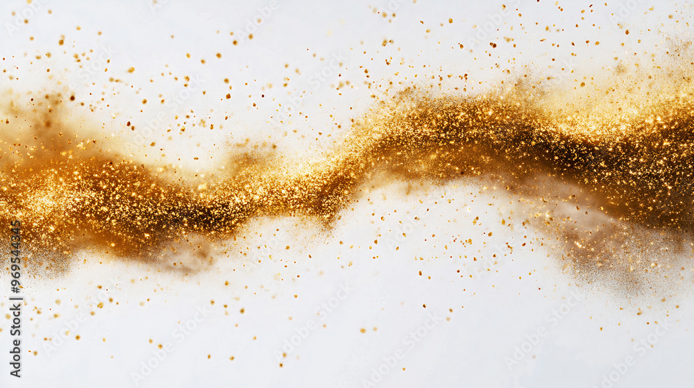 Scattered golden particles on white background in wave shape. Holiday background. Generative AI Scattered golden particles on white background in wave shape. Holiday background. Generative AI