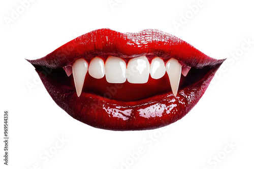 Close-up of vampire fangs with glossy red lips, perfect for Halloween themes. Spooky, seductive, and detailed imagery.