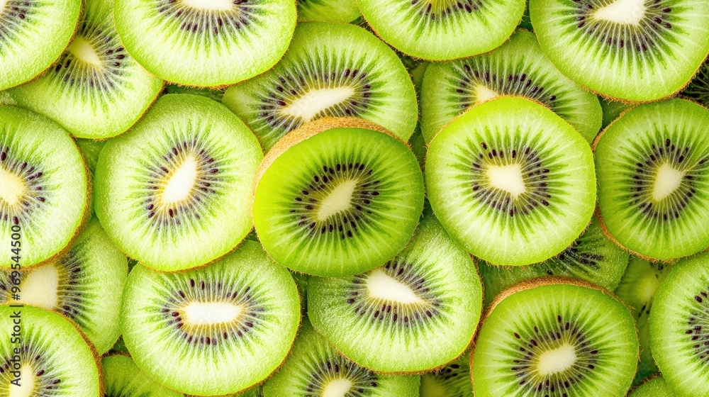 Seamless background of fresh kiwi fruit slices. A pattern of kiwi slices arranged in symmetrical rows, creating an abstract background with the green and black fruit texture visible. Seamless background of fresh kiwi fruit slices. A pattern of kiwi slices arranged in symmetrical rows, creating an abstract background with the green and black fruit texture visible.