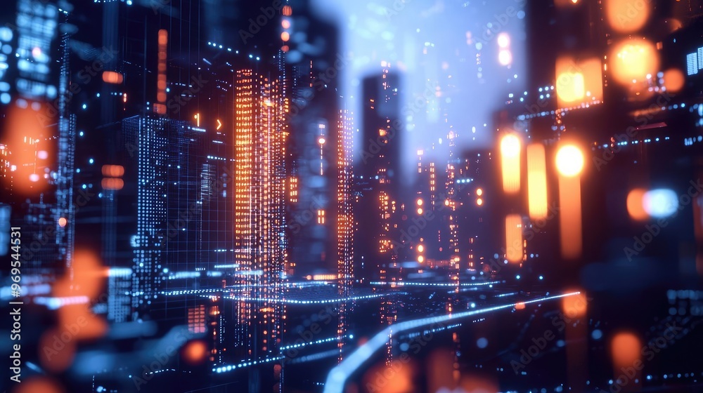 Obraz premium Futuristic cityscape featuring vibrant neon lights, towering skyscrapers, and a captivating digital atmosphere.