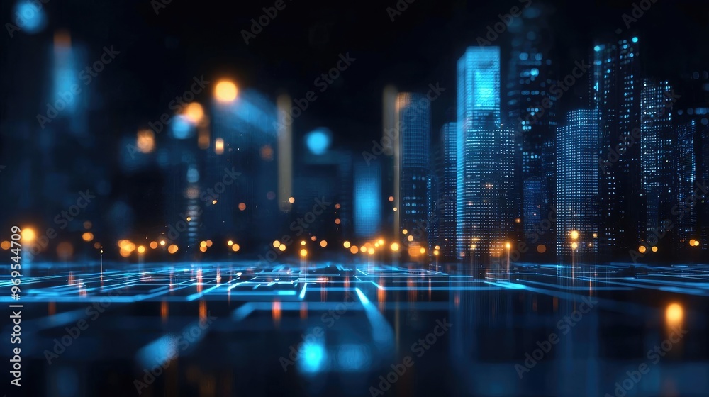 Futuristic cityscape with glowing lights and digital patterns, representing technology and urban innovation at night. Futuristic cityscape with glowing lights and digital patterns, representing technology and urban innovation at night.