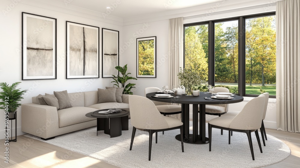 A stylish living room showcases a beige sofa and black dining table, enhanced by warm lighting and lush plants. Artwork adorns the walls, creating a serene atmosphere A stylish living room showcases a beige sofa and black dining table, enhanced by warm lighting and lush plants. Artwork adorns the walls, creating a serene atmosphere