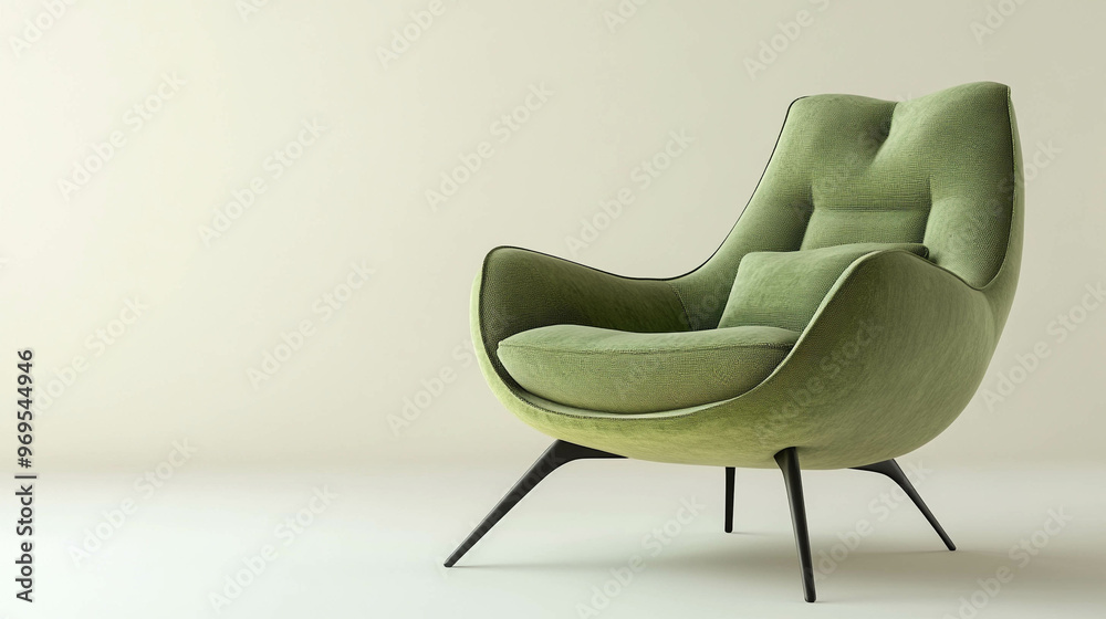 A modern and comfortable armchair in green colors isolated on a light beige background