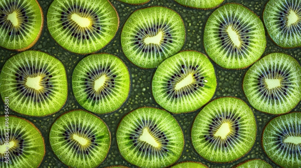Seamless background of fresh kiwi fruit slices. A pattern of kiwi slices arranged in symmetrical rows, creating an abstract background with the green and black fruit texture visible. Seamless background of fresh kiwi fruit slices. A pattern of kiwi slices arranged in symmetrical rows, creating an abstract background with the green and black fruit texture visible.
