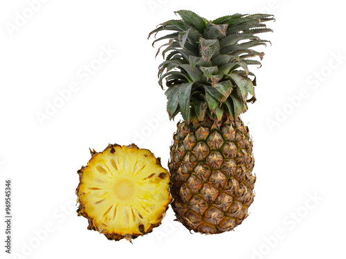 Whole and Halved Pineapple Displaying Yellow Flesh
PNG on white isolated background
