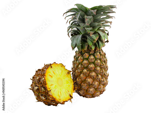 Whole and Halved Pineapple Displaying Yellow Flesh
PNG on white isolated background