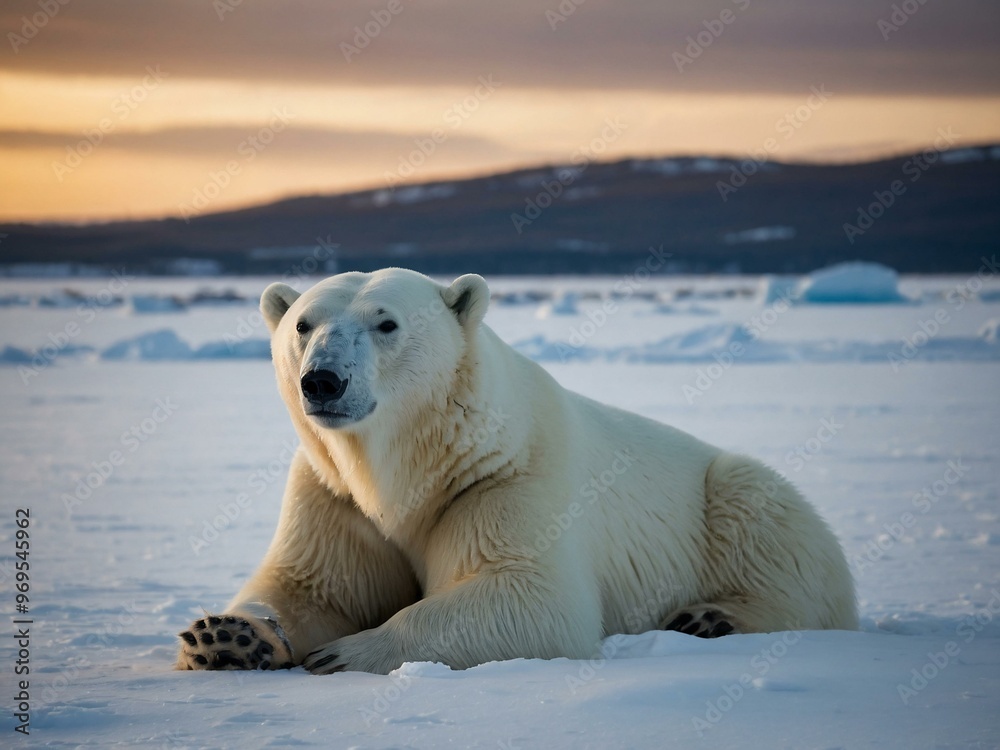 A resting polar bear in a serene environment. A resting polar bear in a serene environment.