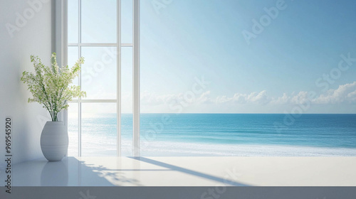 A white counter in front of a bright window with a perfect ocean view on a beautiful summer day