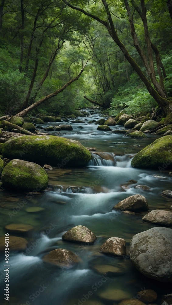 A serene creek flows through a lush, green landscape, surrounded by rocks and trees. A serene creek flows through a lush, green landscape, surrounded by rocks and trees.